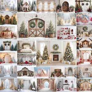 Może przedstawiać: Kolaż teł o tematyce bożonarodzeniowej. Obrazy przedstawiają udekorowane choinki, wieńce, zaśnieżone sceny i świąteczne dekoracje. Niektóre sceny obejmują kominki, drzwi i domy, tworząc atmosferę zimowej krainy czarów.