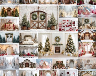 May include: A collection of Christmas-themed backdrops. The images showcase decorated Christmas trees, wreaths, snow-covered scenes, and festive decorations. Some scenes include fireplaces, doors, and houses, creating a winter wonderland atmosphere.