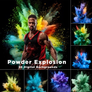 Könnte beinhalten: Eine Sammlung von 30 digitalen Hintergründen mit farbenfrohen Pulverexplosionen. Die Hintergründe eignen sich perfekt, um Ihren Fotos und Designs eine dynamische und lebendige Note zu verleihen.
