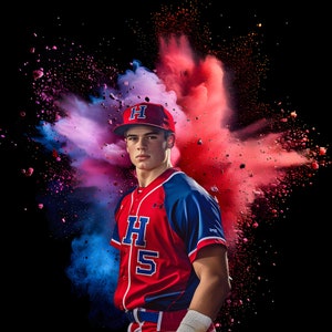 May include: A baseball player wearing a red and blue jersey with the letter 'H' and the number '5' on the front. The player is standing in front of a red and blue powder explosion.