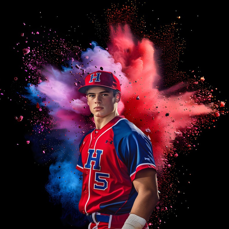 May include: A baseball player wearing a red and blue jersey with the letter 'H' and the number '5' on the front. The player is standing in front of a red and blue powder explosion.