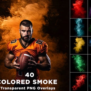 May include: A football player in a bright orange jersey holds a football in front of a background of orange smoke. The text "40 COLORED SMOKE Transparent PNG Overlays" is at the bottom of the image.