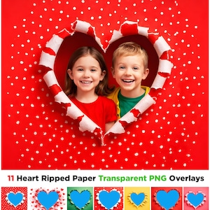 Puede incluir: Dos niños sonriendo enmarcados por un desgarro en forma de corazón en papel rojo con lunares blancos. El corazón está hecho de papel rasgado con rayas rojas y blancas. Debajo, una selección de superposiciones PNG transparentes en forma de corazón.