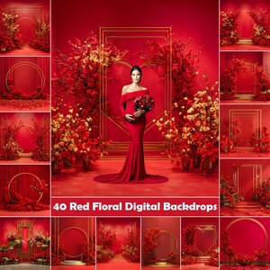 May include: A collection of 40 red floral digital backdrops. The images feature gold frames, red flowers, and a woman in a red dress holding a bouquet. The backdrops are designed for photography and include various shapes and arrangements.