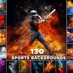 May include: A collection of 130 sports backgrounds featuring a variety of colorful and dynamic images, including explosions of color, smoke, and fire. The backgrounds are perfect for adding a touch of excitement and energy to your sports-themed projects.