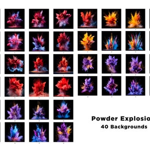 May include: 40 colourful powder explosion backgrounds. The images feature a variety of colours, including red, blue, yellow, purple, and green. The backgrounds are perfect for adding a touch of excitement to your designs.