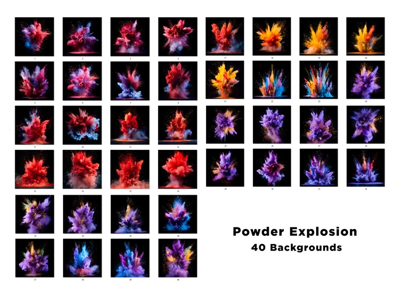 May include: 40 colourful powder explosion backgrounds. The images feature a variety of colours, including red, blue, yellow, purple, and green. The backgrounds are perfect for adding a touch of excitement to your designs.