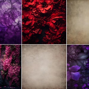 May include: A collage of six images featuring different floral arrangements. The top row features a close-up of purple flowers, a cluster of red flowers, and a textured beige background. The bottom row features a wall covered in pink flowers, a textured beige background, and a cluster of dark purple flowers.