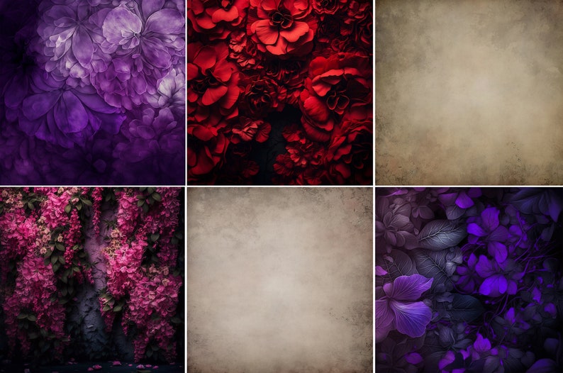 May include: A collage of six images featuring different floral arrangements. The top row features a close-up of purple flowers, a cluster of red flowers, and a textured beige background. The bottom row features a wall covered in pink flowers, a textured beige background, and a cluster of dark purple flowers.