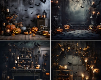 May include: Four digital backgrounds featuring a spooky Halloween theme with jack-o'-lanterns, bats, and candles. The backgrounds are perfect for creating digital invitations, social media posts, or other Halloween-themed projects.