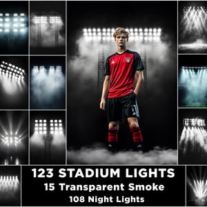 May include: A soccer player wearing a red jersey and black shorts stands in front of a stadium with bright lights. The image includes the text "123 Stadium Lights", "15 Transparent Smoke", and "108 Night Lights".