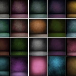 May include: A collection of 20 different colored digital backgrounds. Each background is a gradient with a light center and a darker edge. The backgrounds are perfect for use in digital design, photography, and video editing.