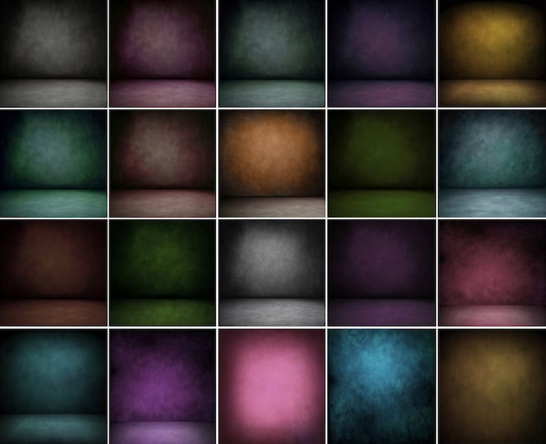 May include: A collection of 20 different colored digital backgrounds. Each background is a gradient with a light center and a darker edge. The backgrounds are perfect for use in digital design, photography, and video editing.