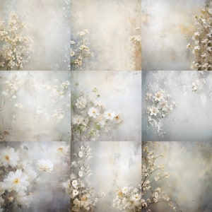 Puede incluir: Obra de arte de nueve paneles con fondos suaves y apagados y delicadas flores blancas. Los arreglos florales varían, algunos muestran racimos de pequeñas flores y otros flores más grandes. La estética general es romántica y etérea.