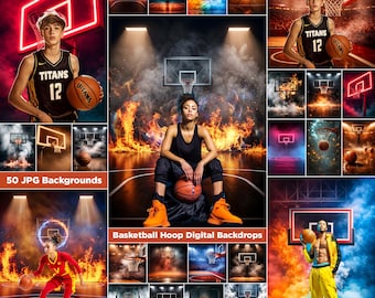 50 Basketball Hoop Photography Backdrops: Photoshop Sports Banner & Senior Portraits (Digital Download, JPGs)