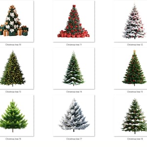 May include: Nine different artificial Christmas trees decorated with ornaments, lights, and snow. The trees are arranged in a grid pattern on a white background.