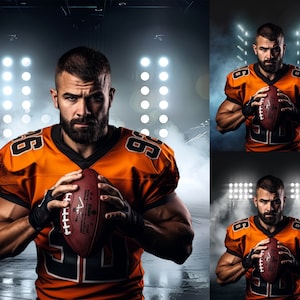 May include: A football player in an orange jersey with black trim and the number 68 on the front and back, holds a brown football in front of him. He is standing in a stadium with bright lights and smoke in the background.