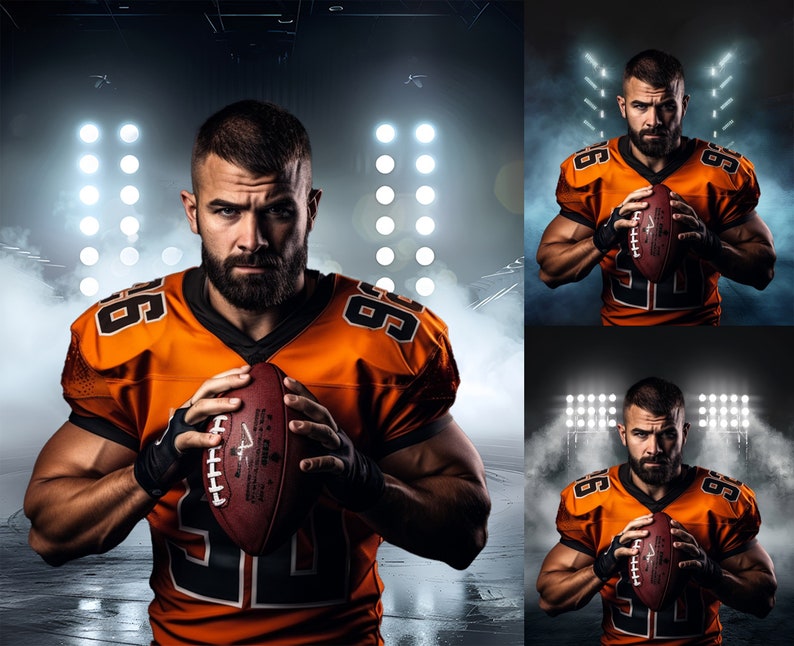 May include: A football player in an orange jersey with black trim and the number 68 on the front and back, holds a brown football in front of him. He is standing in a stadium with bright lights and smoke in the background.