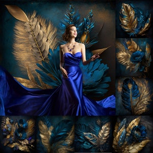 May include: A woman in a royal blue satin gown stands against a backdrop of teal and gold feathers. She wears a sparkling blue necklace and has her hair pulled back.