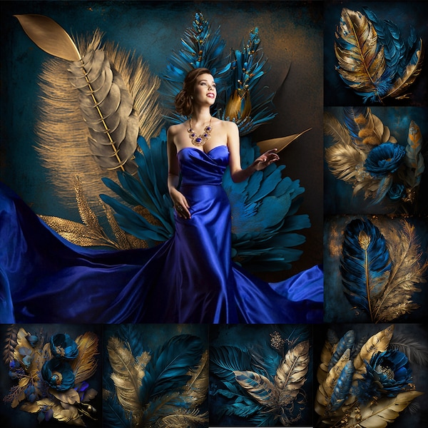 32 toiles de fond numériques plumes florales bleus et or, textures beaux-arts, superpositions de toile de fond de maternité, toile de fond pour studio, superpositions Photoshop