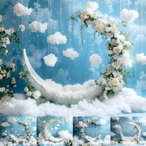 10 fondos digitales para fotografía de recién nacidos, fondo digital con nubes y luna floral, fondo para fotografía de recién nacidos, fondo digital con nubes y cielo lunar.