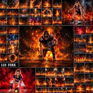 Puede incluir: Una colección digital de 125 superposiciones de fuego con varias llamas, chispas y efectos de humo. El conjunto incluye escenas de acción de un jugador de baloncesto y un jugador de fútbol americano rodeados de intensos elementos de fuego.