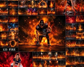 May include: A digital collection of 125 fire overlays featuring various flames, sparks, and smoke effects. The set includes action scenes of a basketball player and a football player surrounded by intense orange and red fire elements.