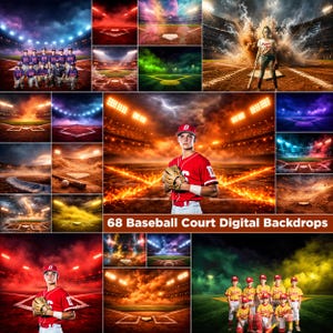 May include: A collage of baseball-themed digital backdrops. The image features various baseball field scenes with dramatic lighting, including a player in a red uniform and the text "68 Baseball Court Digital Backdrops".