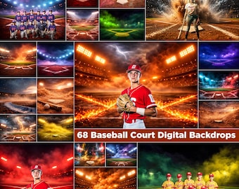 68 Baseball Digital Backdrops: Stadium Lights, Smoke Effect (JPG File, 300 DPI)