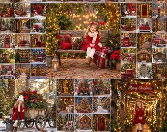 May include: A collage of Christmas-themed photography featuring a child in a red coat sitting on a wooden bench, a child in a red dress, decorated outdoor settings with string lights, red trucks, wooden wagons, and festive holiday greenery.