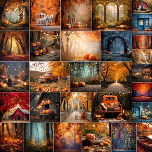 May include: A collection of autumn-themed digital backgrounds. The images feature pumpkins, fall foliage, and rustic settings, including a truck, a bridge, and a horse-drawn carriage. The color palette is dominated by warm oranges, reds, and yellows.