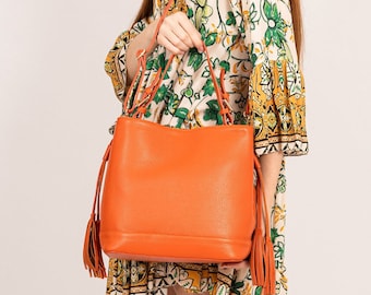 Italian Handmade Leather Bags For Woman, Elegant Leather Tote Made in Italy, Bucket Bag, Orange Leather Bag