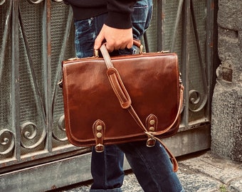 Leather Briefcase, Brown Leather Briefcase, Men Leather Briefcase, Laptop Bag, Shoulder Bag, Leather Satchel, Made in Italy, Gift for Him