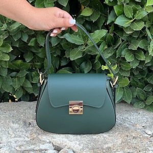 Bolsos de piel italianos, bolso de piel verde, bolso con asa superior, bolso de piel para mujer, piel auténtica, bolso de piel para mujer, bolsos hechos a mano