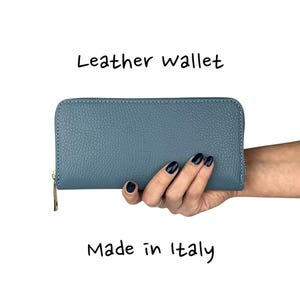 Cartera de piel italiana para mujer – Hecha a mano en Florencia, Italia – Cartera de piel auténtica azul cielo