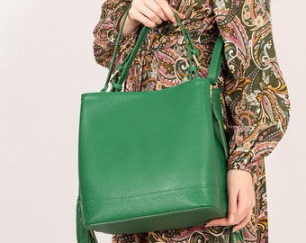 Italian Handmade Leather Bags For Woman, Elegant Leather Tote Made in Italy, Bucket Bag, Green Leather Bag