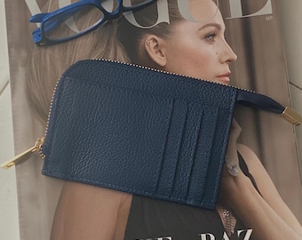 Italian Leather Card Holder – Handmade in Florence, Italy- Blue Genuine Leather Credit Case - Women Slim Leather Wallet