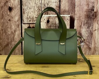 Italian Leather Top Handle Bag, Handmade Green Leather Handbag
