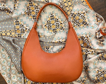 Bolsos de cuero italianos hechos a mano para mujer, elegante bolso y bolso hecho en Italia, bolso de cuero naranja