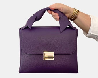 Italian Handmade Leather Bags For Woman, Elegant Leather Tote From Italy, Purple Bag, Lock Bag, Leather Handbags for Women