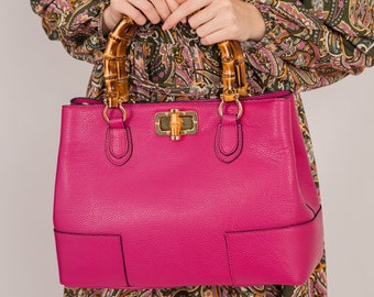Lederhandtaschen für Damen, Bambusgriff Tasche, Made in Italy Handtasche, handgefertigte Ledertasche