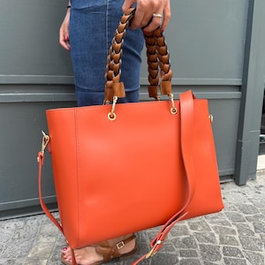 Italian Handmade Leather Bags for Women, Elegant Tote Purse, Made in Italy, Orange Business Leather Bag