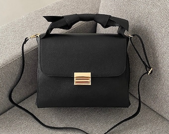 Italian Handmade Leather Bag for Women, Elegant Leather Tote from Italy, Black Leather Bag, Lock Bag, Leather Handbags for Women