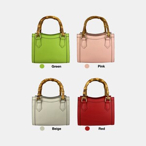 May include: Four small leather handbags with bamboo handles. The handbags are in green, pink, beige, and red.