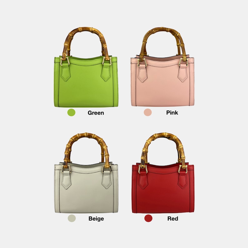 May include: Four small leather handbags with bamboo handles. The handbags are in green, pink, beige, and red.