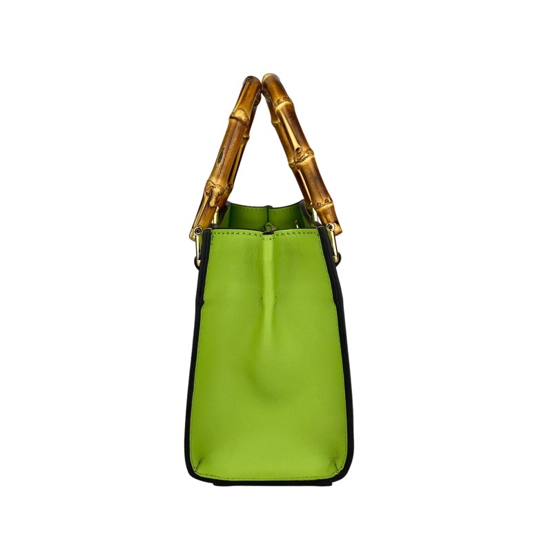 May include: A green leather handbag with bamboo handles. The bag has a structured shape and a black trim.