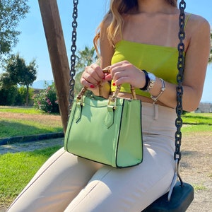 May include: A light green handbag with bamboo handles and a black trim. The bag is small and has a top flap closure.