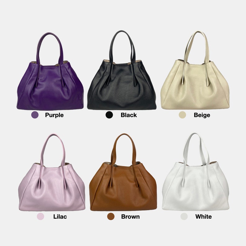 May include: Six leather tote bags in various colors: purple, black, beige, lilac, brown, and white. Each bag has a top handle and a gathered design. Color names are labeled below each bag.