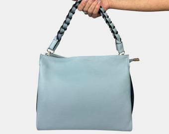 Italian Handmade Leather Bags for Women, Elegant Tote Purse, Made in Italy, Sky Blue Leather Bag