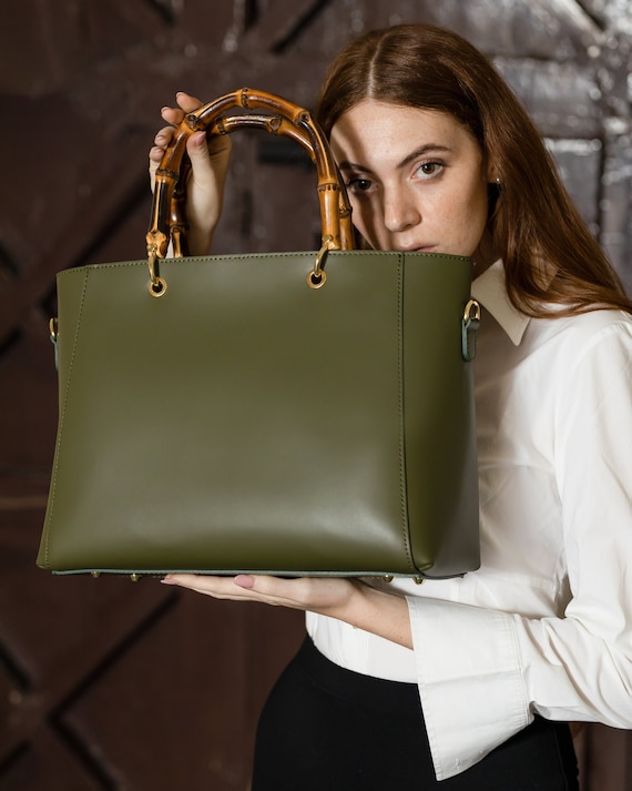 Italian Leather Handbag with Bamboo Handle